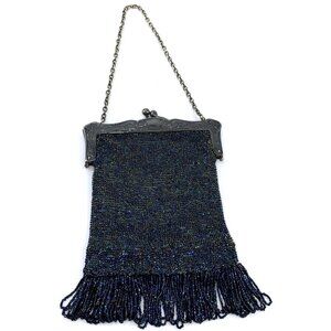 Antique Purse German Silver AB Seed Bead Handbag Fringe Link Chain Kiss Lock